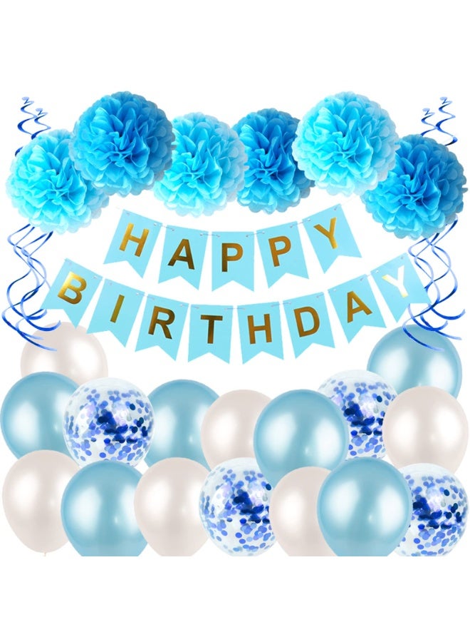 Mordely Blue Birthday Decorations Kit - HAPPY BIRTHDAY Banner, Spiral Charm, Paper Flower Ball and Balloons for Boys and Gilrs Birthday Party - Image 1